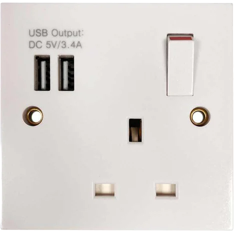 Square Edged Single Switched Socket With 2 x USB Ports White 11063