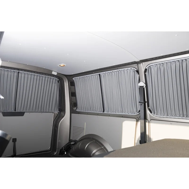 VW T5/T6 Black LWB Barn Door Curtains with Black Rails
