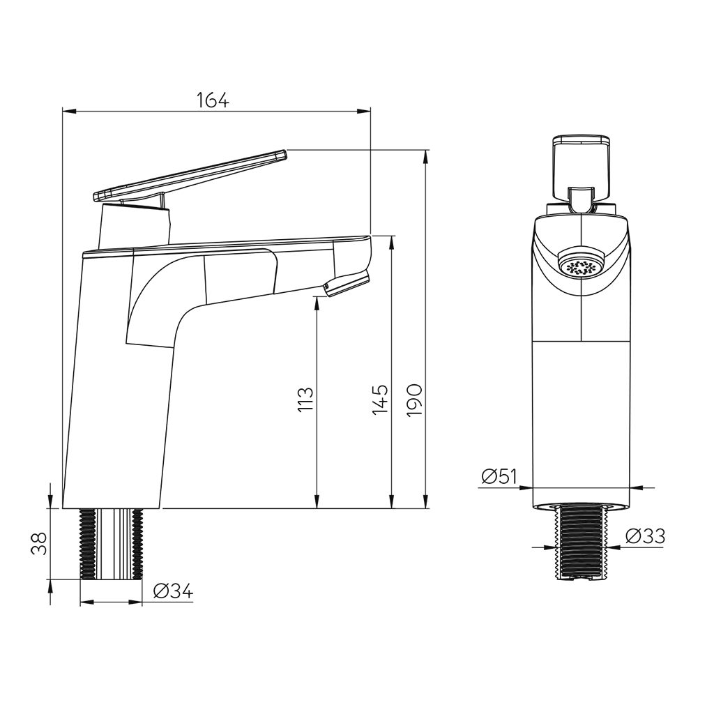 Vector E mixer tap with 25cm UniQuick pipe with push-fit ends and 33mm hole size