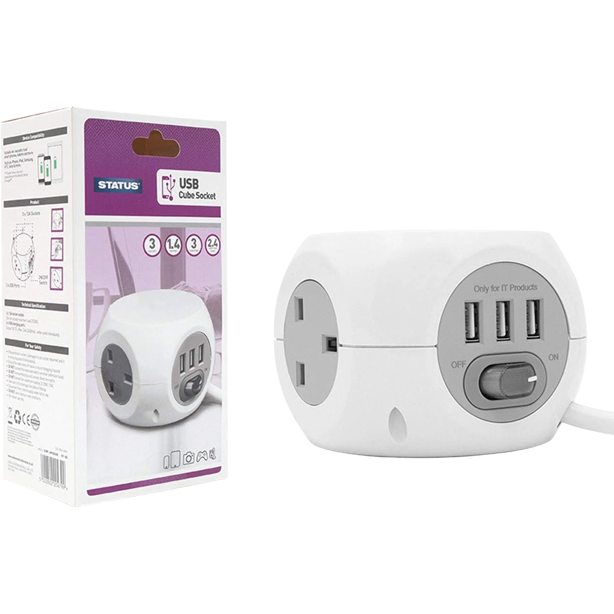 Status 3 Way 1.4m Cube Socket with 3 x USB Ports (6 pack)